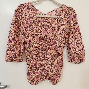 Banjanan Floral Ruched Top Sz XS Cotton V-neck Blouse Shirt